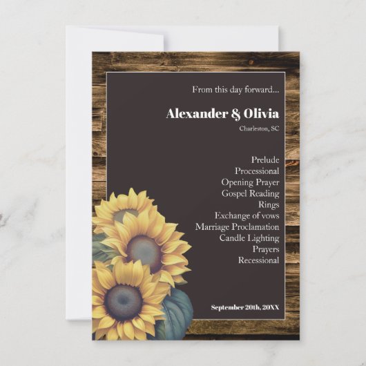 Rustieke zonnebloem bruiloft programma (Voorkant)