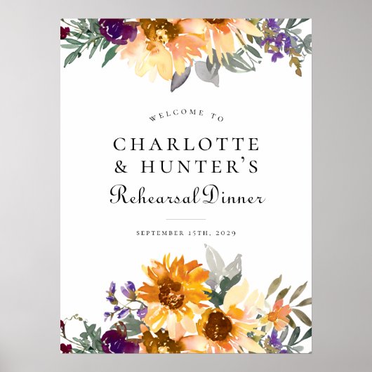 Rustieke Zonnebloem bruiloft repetitie diner teken Poster (Voorkant)