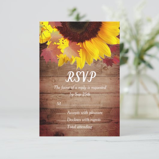 Rustieke Zonnebloem Bruiloft RSVP Kaarten (Staand voorkant)