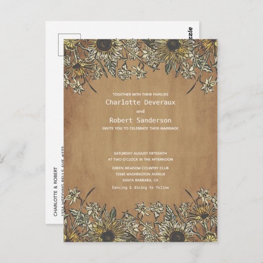 Rustieke Zonnebloem bruiloft uitnodiging met RSVP (Voorkant / Achterkant)