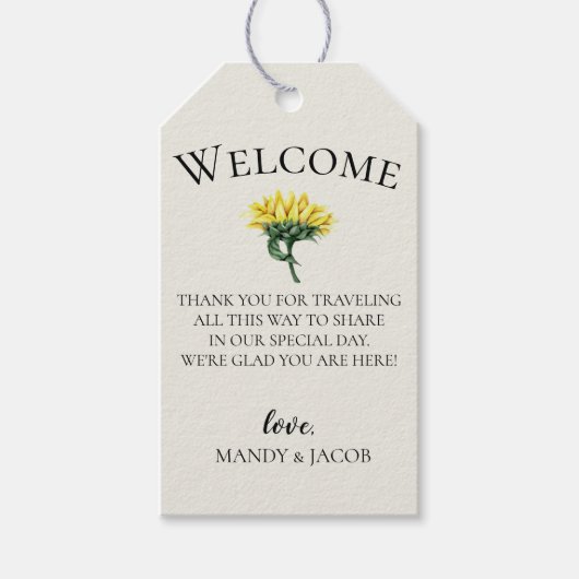 Rustieke zonnebloem bruiloft welkomsttas cadeaulabel (Voorkant)