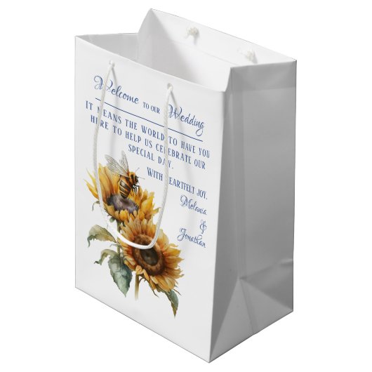 Rustieke zonnebloem bruiloft welkomsttas medium cadeauzakje (Voorkant Gekanteld)