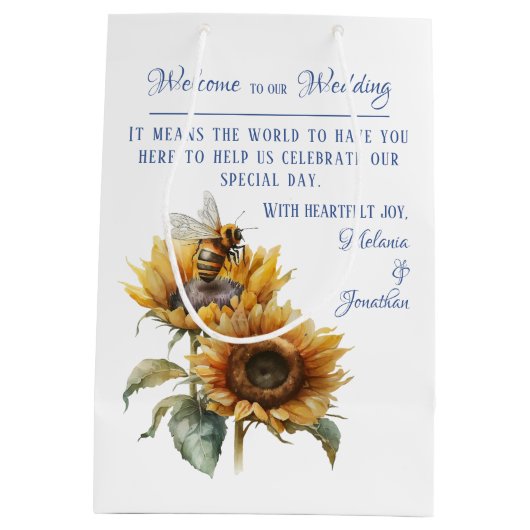 Rustieke zonnebloem bruiloft welkomsttas medium cadeauzakje (Achterkant)