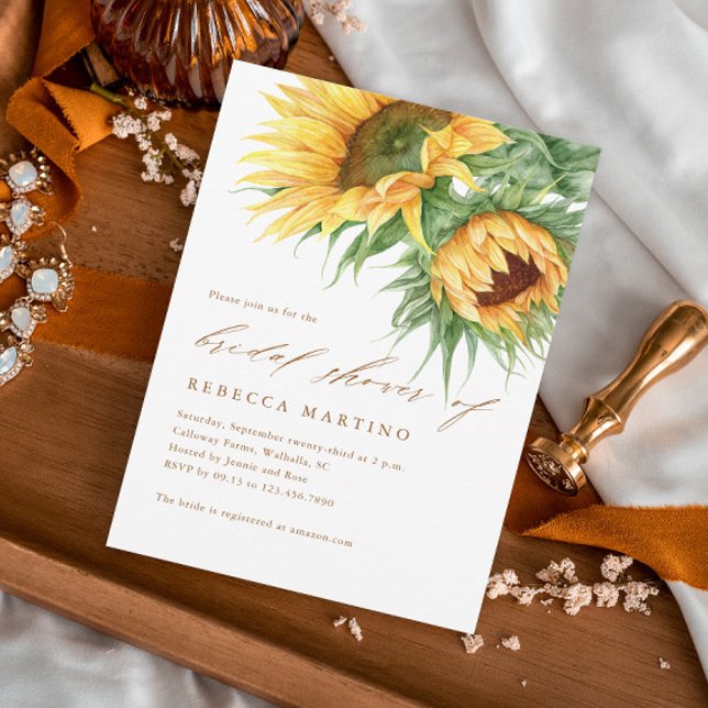 Rustieke zonnebloem budget bruids douche uitnodigi (Rustic elegant sunflower fall wedding budget bridal shower invitation.)