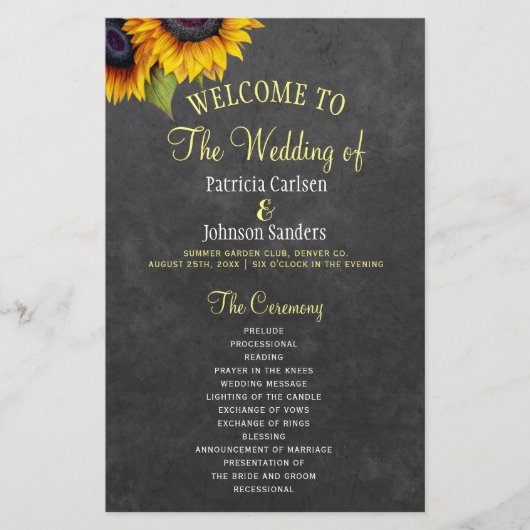 Rustieke zonnebloem BUDGET bruiloft programma (Voorkant)