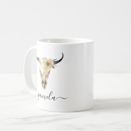 Rustieke Zonnebloem Bull Skull Aangepaste naam Koffiemok (Voorkant links)