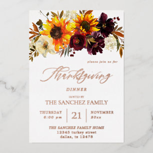 Rustieke Zonnebloem & Burgundy Bloemstuk Thanksgiv Folie Uitnodiging