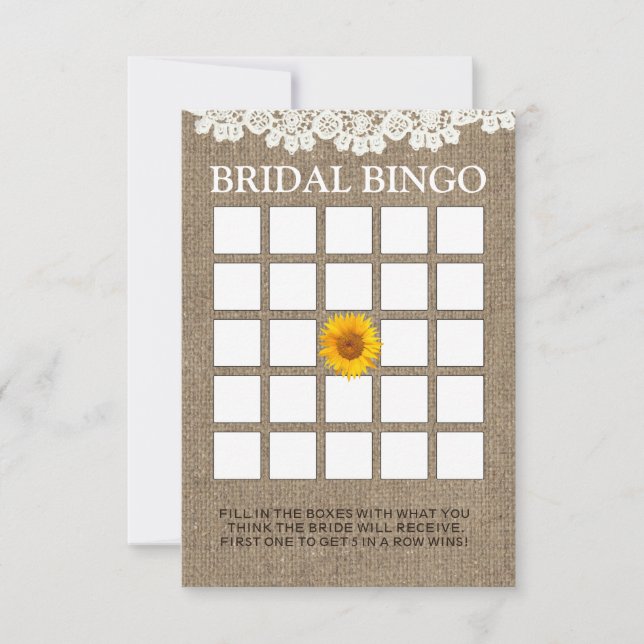 Rustieke zonnebloem burlap bruiloftsbingo kaarten (Voorkant)