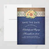 Rustieke Zonnebloem Burlap Navy Save the Date Aankondigingskaart (Voorkant / Achterkant)