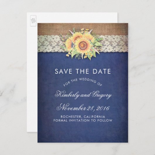 Rustieke Zonnebloem Burlap Navy Save the Date Aankondigingskaart (Voorkant / Achterkant)