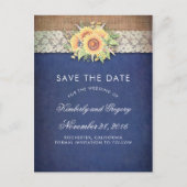 Rustieke Zonnebloem Burlap Navy Save the Date Aankondigingskaart (Voorkant)