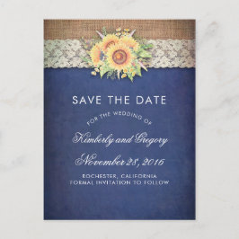 Rustieke Zonnebloem Burlap Navy Save the Date Aankondigingskaart