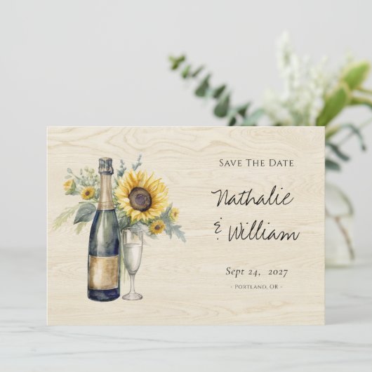 Rustieke Zonnebloem Champagne Bewaar de Datum Kaar Save The Date (Staand voorkant)