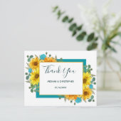 Rustieke Zonnebloem Chic Blauwgroen Rozen Bruiloft Briefkaart (Staand voorkant)