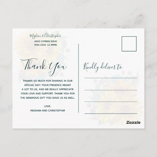 Rustieke Zonnebloem Chic Blauwgroen Rozen Bruiloft Briefkaart (Achterkant)