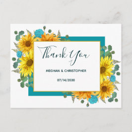 Rustieke Zonnebloem Chic Blauwgroen Rozen Bruiloft Briefkaart
