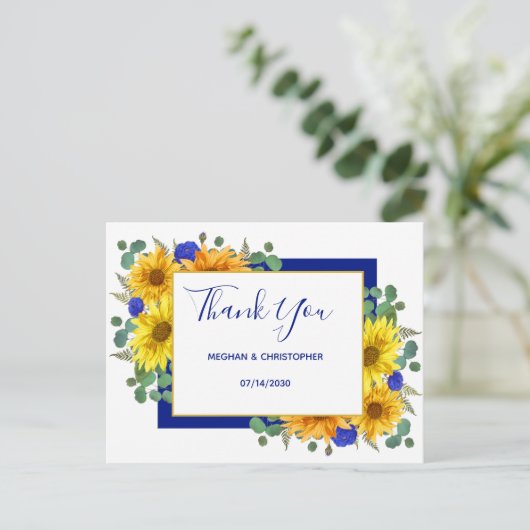 Rustieke zonnebloem chique blauw Rozen bruiloft da Briefkaart (Staand voorkant)