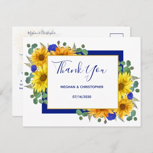 Rustieke zonnebloem chique blauw Rozen bruiloft da Briefkaart (Voorkant / Achterkant)