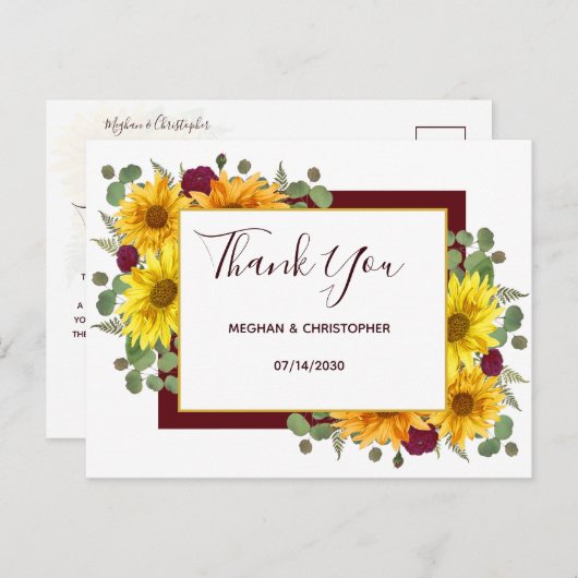 Rustieke zonnebloem chique rode rozen bruiloft dan briefkaart (Voorkant / Achterkant)