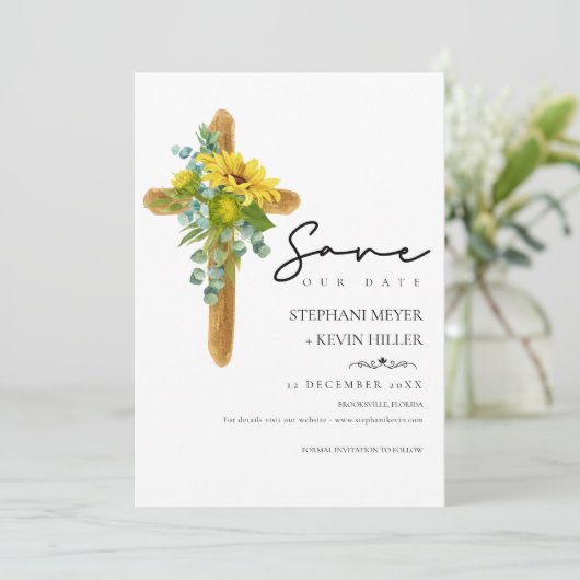 Rustieke Zonnebloem Christelijk Cross Bourgondisch Save The Date (Staand voorkant)