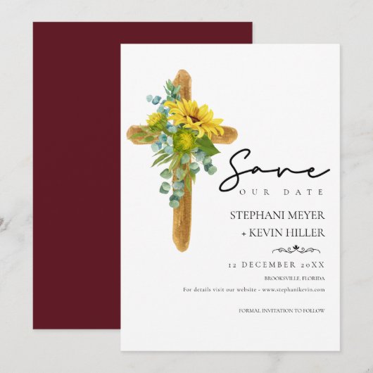 Rustieke Zonnebloem Christelijk Cross Bourgondisch Save The Date (Voorkant / Achterkant)