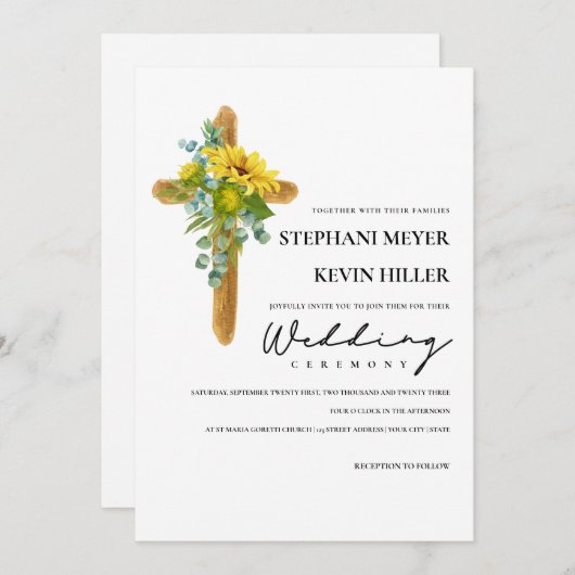 Rustieke Zonnebloem Cross Bruiloft Kaart (Voorkant / Achterkant)