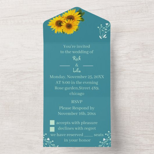 Rustieke Zonnebloem Custom Wedding All In One Uitnodiging (Binnen)