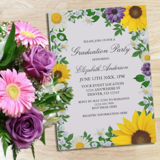 Rustieke Zonnebloem Daisy Floral Afstuderen Kaart