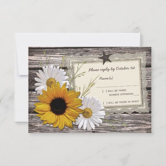 Rustieke Zonnebloem Daisy Lace Wedding Reply Kaart (Voorkant)