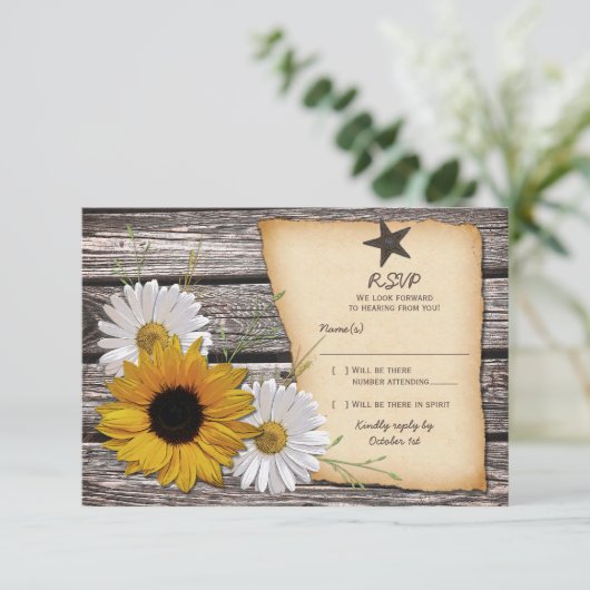 Rustieke Zonnebloem Daisy Wedding Reply Kaart (Staand voorkant)