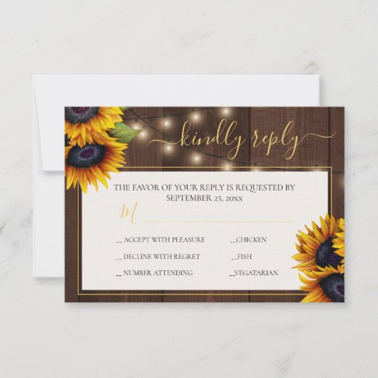 Rustieke zonnebloem elegant gouden script hout bru RSVP kaartje (Voorkant)