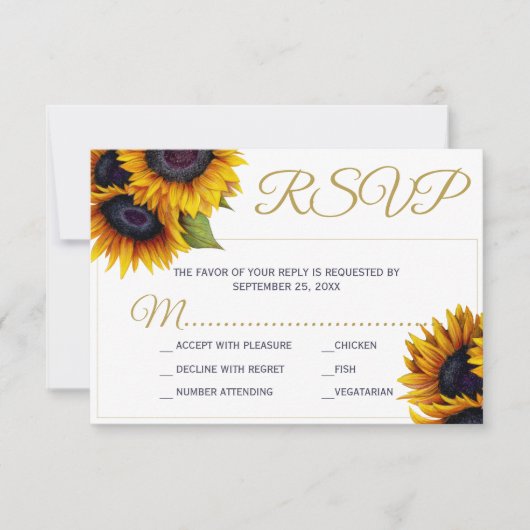 Rustieke zonnebloem elegante chique gouden script  RSVP kaartje (Voorkant)