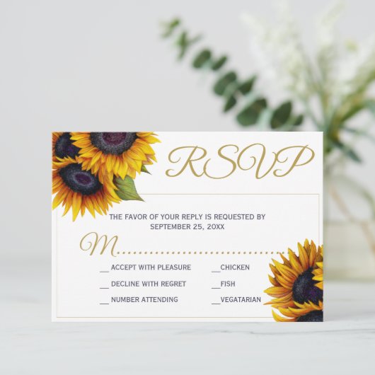 Rustieke zonnebloem elegante chique gouden script RSVP kaartje (Staand voorkant)