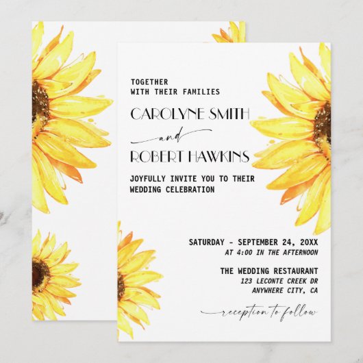 Rustieke Zonnebloem Elegante Waterverf Bruiloft Kaart (Voorkant / Achterkant)