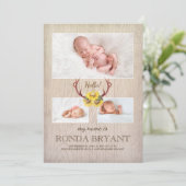 Rustieke Zonnebloem en Antlers Hout Baby Foto Gebo Aankondiging (Staand voorkant)