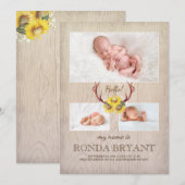 Rustieke Zonnebloem en Antlers Hout Baby Foto Gebo Aankondiging (Voorkant / Achterkant)