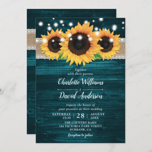 Rustieke zonnebloem en Blauwgroen bruiloft uitnodi Kaart (Voorkant / Achterkant)