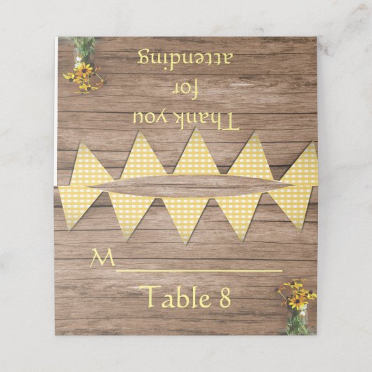 Rustieke Zonnebloem en gele gingham bruiloft Plaatskaartje (Buitenkant ongevouwen)