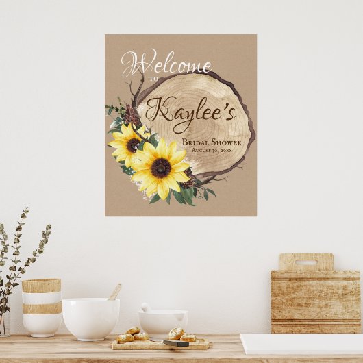 Rustieke zonnebloem en houten plak begrroeting bor poster (Keuken)