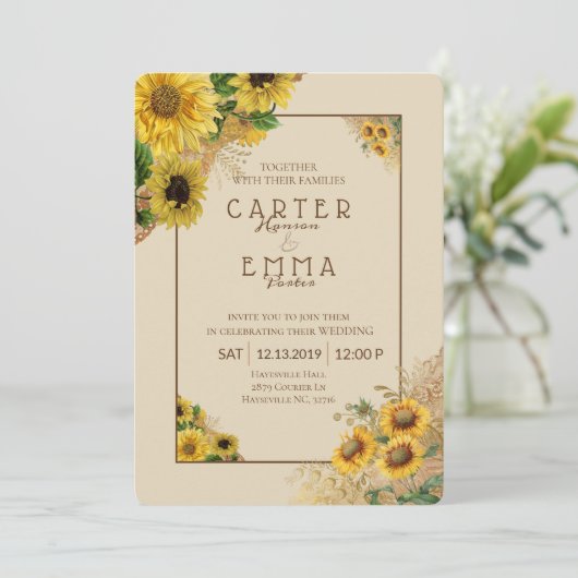 Rustieke Zonnebloem en Kant Beige Country bruiloft Kaart (Staand voorkant)