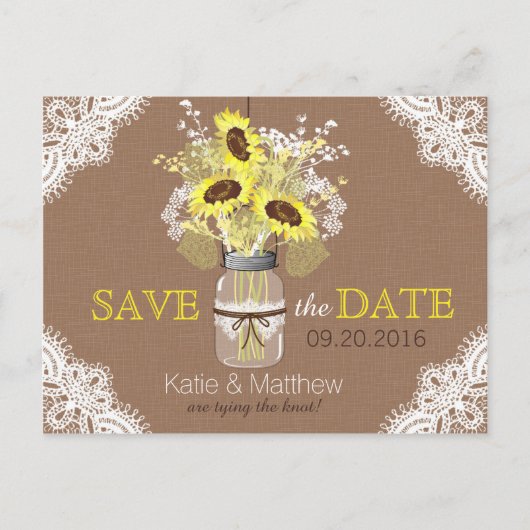 Rustieke Zonnebloem en Kant Save the Date Aankondigingskaart (Voorkant)