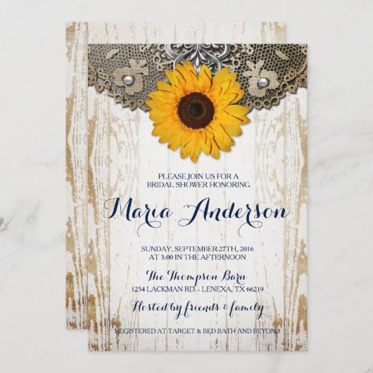 Rustieke Zonnebloem en Kant Vrijgezellenfeest uitn Kaart (Voorkant / Achterkant)