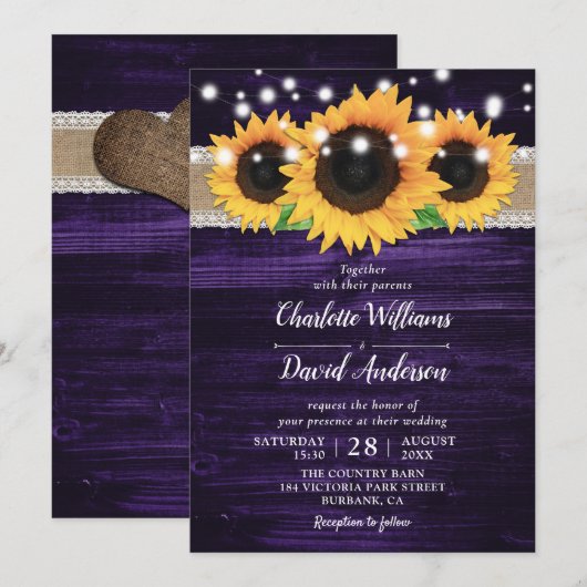 Rustieke zonnebloem en Paarse bruiloft uitnodiging (Voorkant / Achterkant)