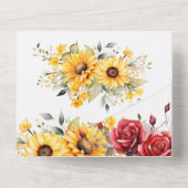 Rustieke zonnebloem en rode roos bruiloft all in one uitnodiging (Achterkant)