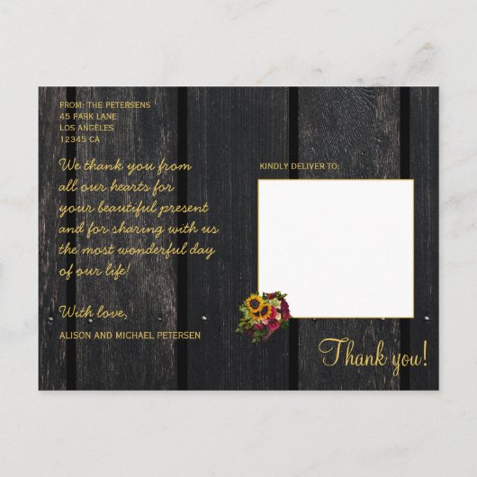 Rustieke zonnebloem en rozen bruiloft dank u briefkaart (Achterkant)