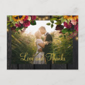 Rustieke zonnebloem en rozen bruiloft dank u briefkaart (Voorkant)