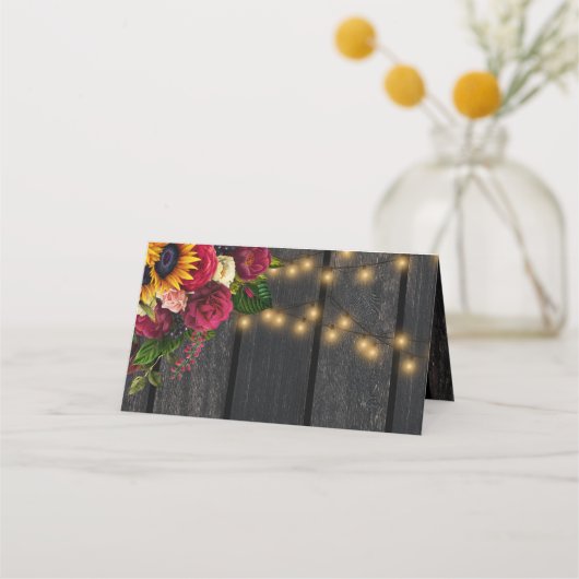 Rustieke zonnebloem en rozen bruiloft plaatskaartje (Achterkant)