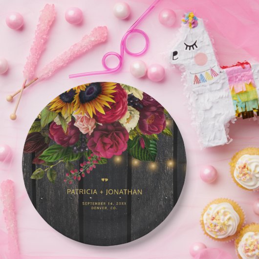Rustieke zonnebloem en rozen gepersonaliseerde bru papieren bordje (Feest)