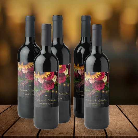 Rustieke zonnebloem en rozen gepersonaliseerde bru wijn etiket
