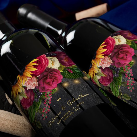 Rustieke zonnebloem en rozen gepersonaliseerde bru wijn etiket